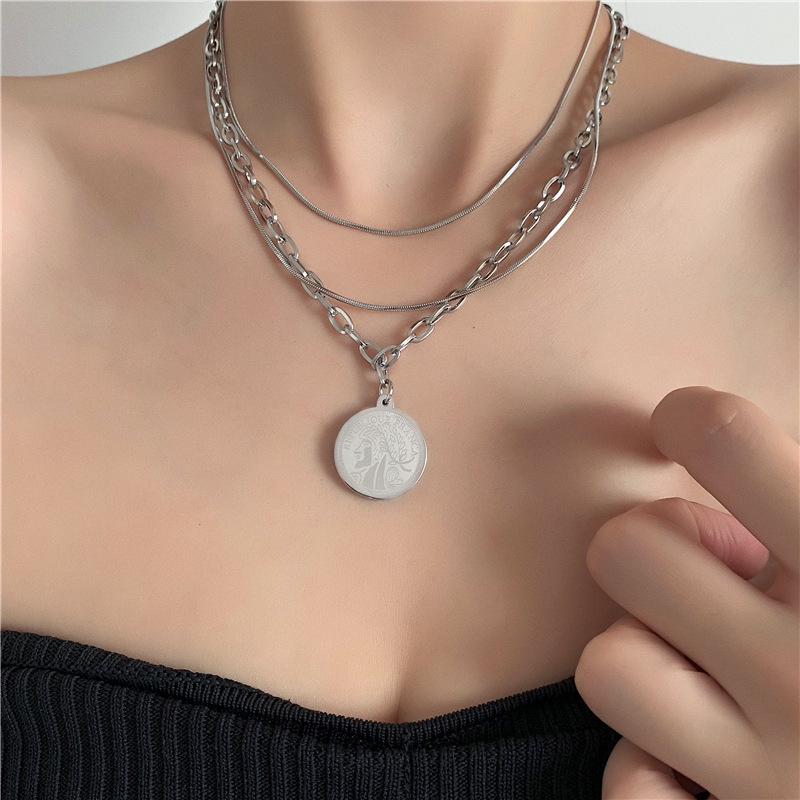 European & American Style Multi-Layer Coin Pendant Titanium Necklace - Fashionable Design for Women’s Clavicle or Sweater