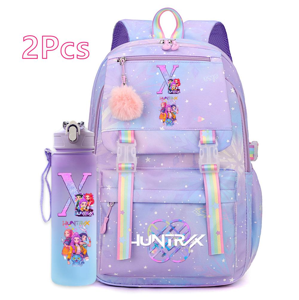 2ks/sada Ainme K-Pop Lovci démonov Ruksak s potlačou anglických písmen s 750 ml fľašou na vodu pre dospievajúce dievča chlapca Školská taška Darček