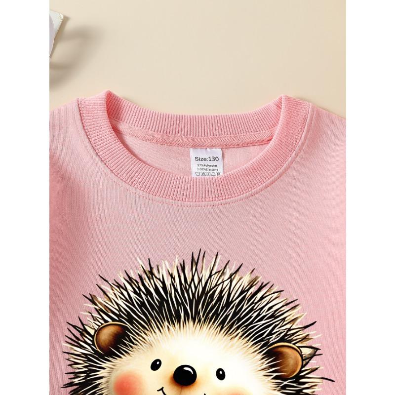 European Sizes Kids Sweatshirts, Girls' Autumn Winter Cute Hedgehog Cartoon Print Long Sleeve Round Neck Sweatshirt, Casual Daily Wear.