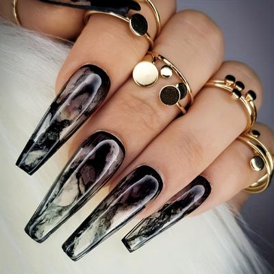 24 pezzi Unghie finte lunghe nere squisite con design tinti ad alone copertura completa unghie artificiali ballerina per donne - Facili da applicare e rimuovere con colla