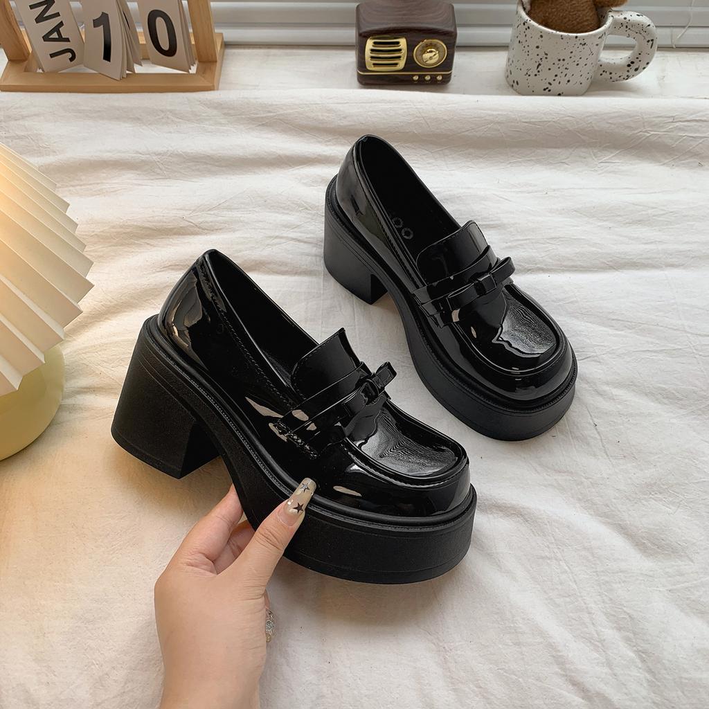 Black British style platform thick high-heeled small leather shoes women's 2025 new autumn skirt retro heightening loafers