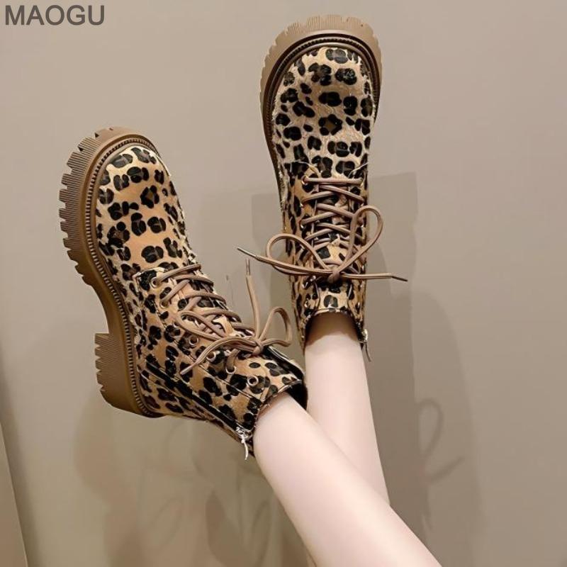 Shoes for Women Fashion Lace-up Women's Boots Spring Autumn Round Toe Leopard Botines Size 35-40 Botas De Mujer