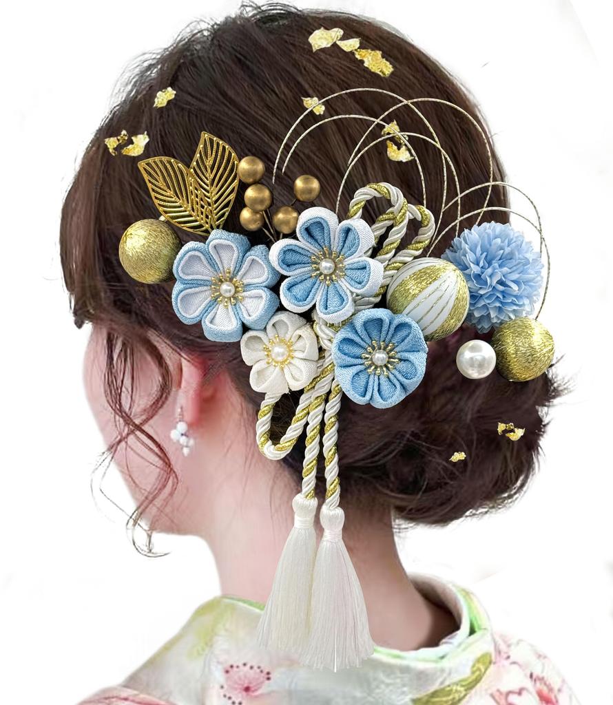 JZOON Hair Ornament Popular Hair Accessories for and Entrance Fireworks 6 H7114 11-Piece Set, Tsumami-Zaiku (Tsumami-Zaiku) Design, Kimono, Furisode,