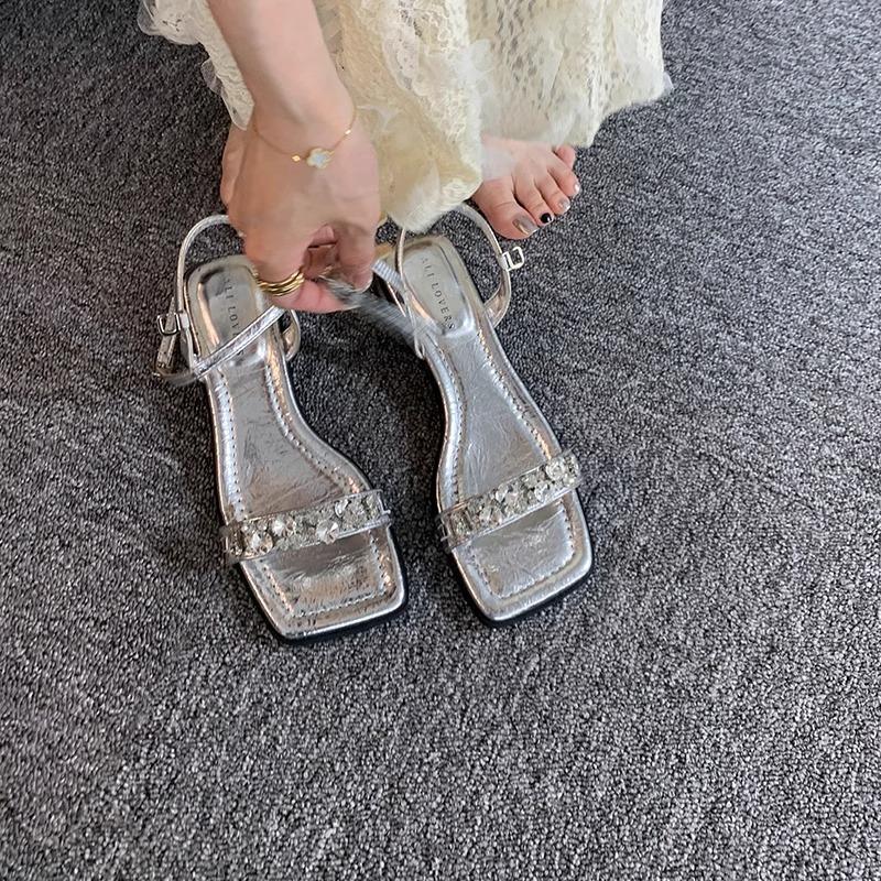 French rhinestone word with sandals thick heel high heels summer new silver cool slippers with skirt fairy shoes
