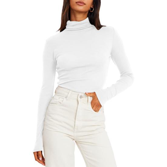 Women Bottoming Tops Slim Fit Stacked Collar Long Sleeve Solid Color Pullover Shirt Elastic Jumper Daily Wear