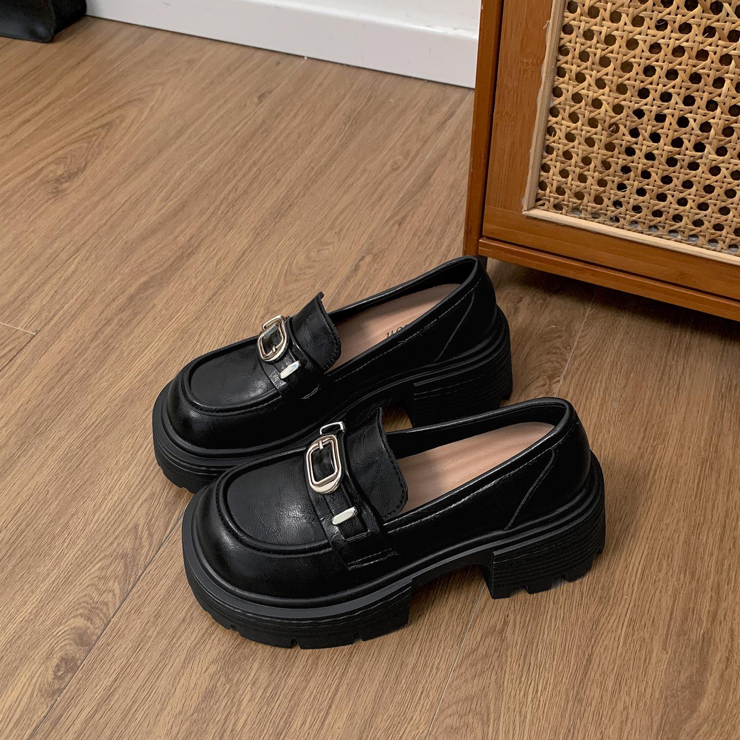 

Queen Fan brown British style platform thick heel small leather shoes women s 2025 new summer retro heightened loafers 34 чёрный