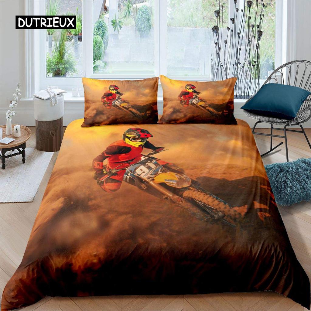 3D Motocross Rider Duvet Cover Set Microfiber Red Black Dirt Bike Extreme Sports Theme Motorcycle Pattern Bedding Set King Size