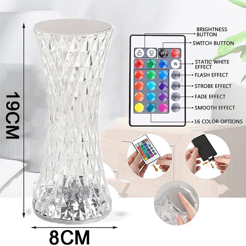 RGB16 Barevná Diamantová Stolní Lampa USB Nabíjecí Křišťálové Noční Lampičky Akrylová Dekorace Noční Světla Ložnice Postel LED Osvětlení Dárek