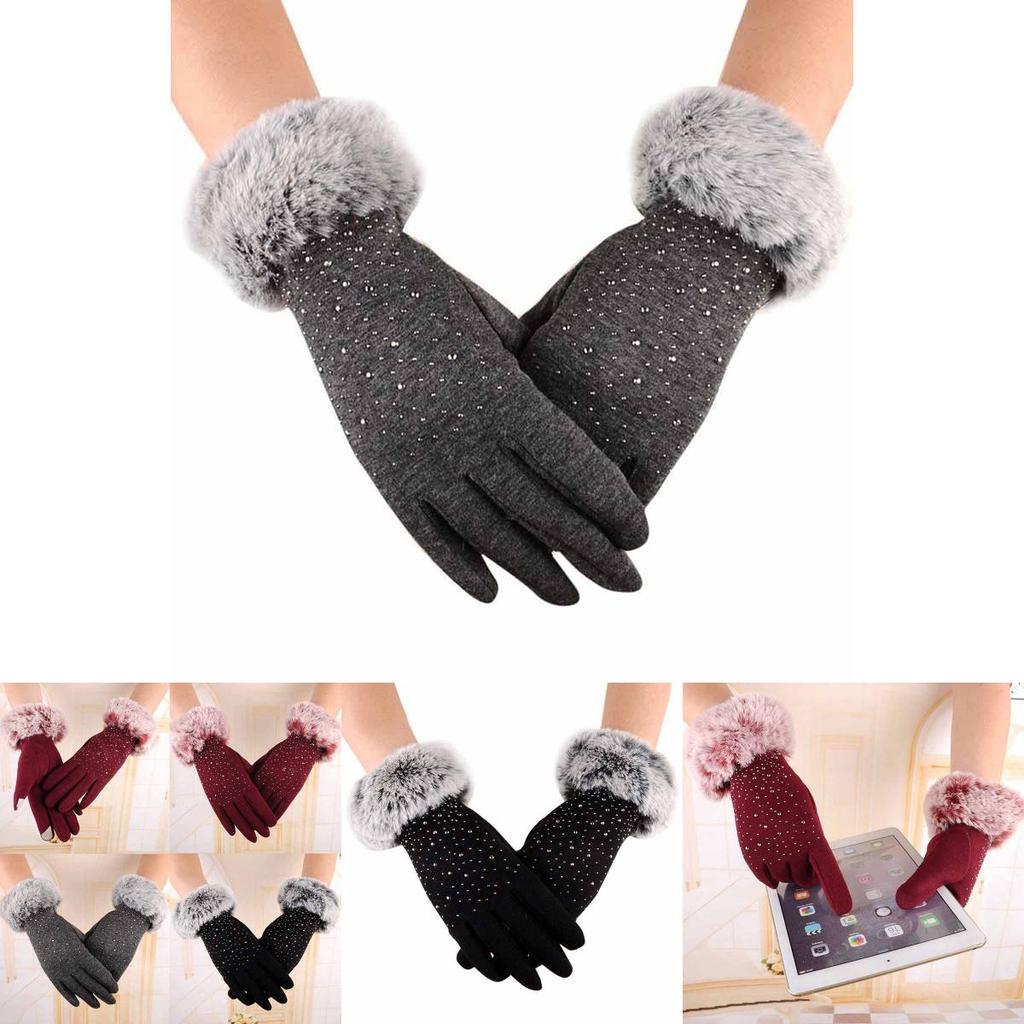 Luxurious Womens Fashion Winter Outdoor Sport Warm Fur Crystal Thick Finger Gloves Mittens