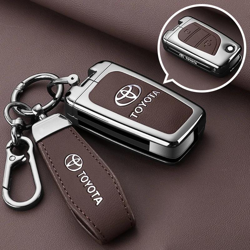 QHJS9 Zinc Alloy Leather Car Key Case Cover Shell for Toyota CHR Hilux Fortuner Land Cruiser 200 Camry Corolla Crown RAV4 Highland