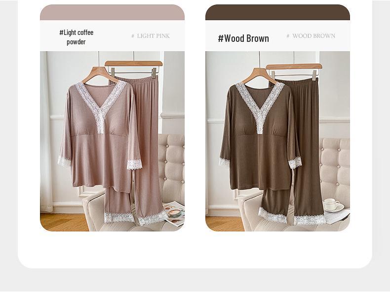 Spring V-neck Long-sleeve Pajama Set with Built-in Bra Pads - Plus Size