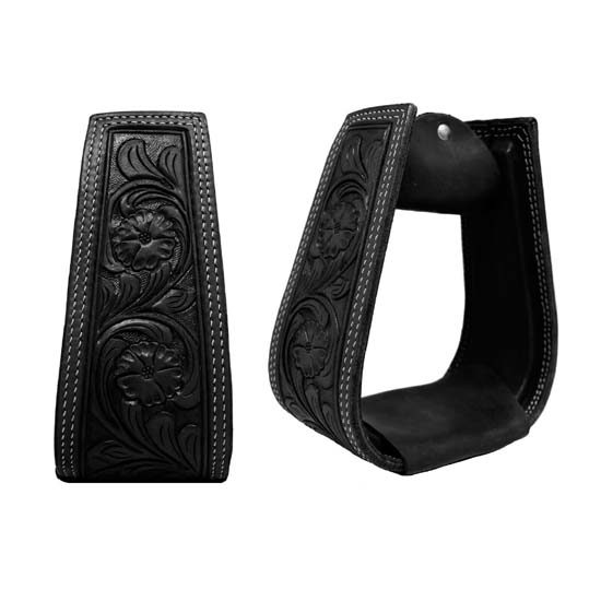 High Quality Horse Western Stirrups Saddle Tack Floral Handmade Tooled Leather Covered Pair