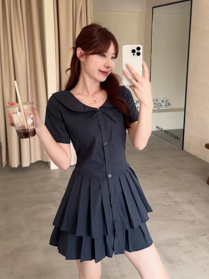 Korean Collegiate Style Doll Collar Shirt Dress, Summer High-end Sweet, First Love Waist-cinching Slimming Pleated Short Skirt