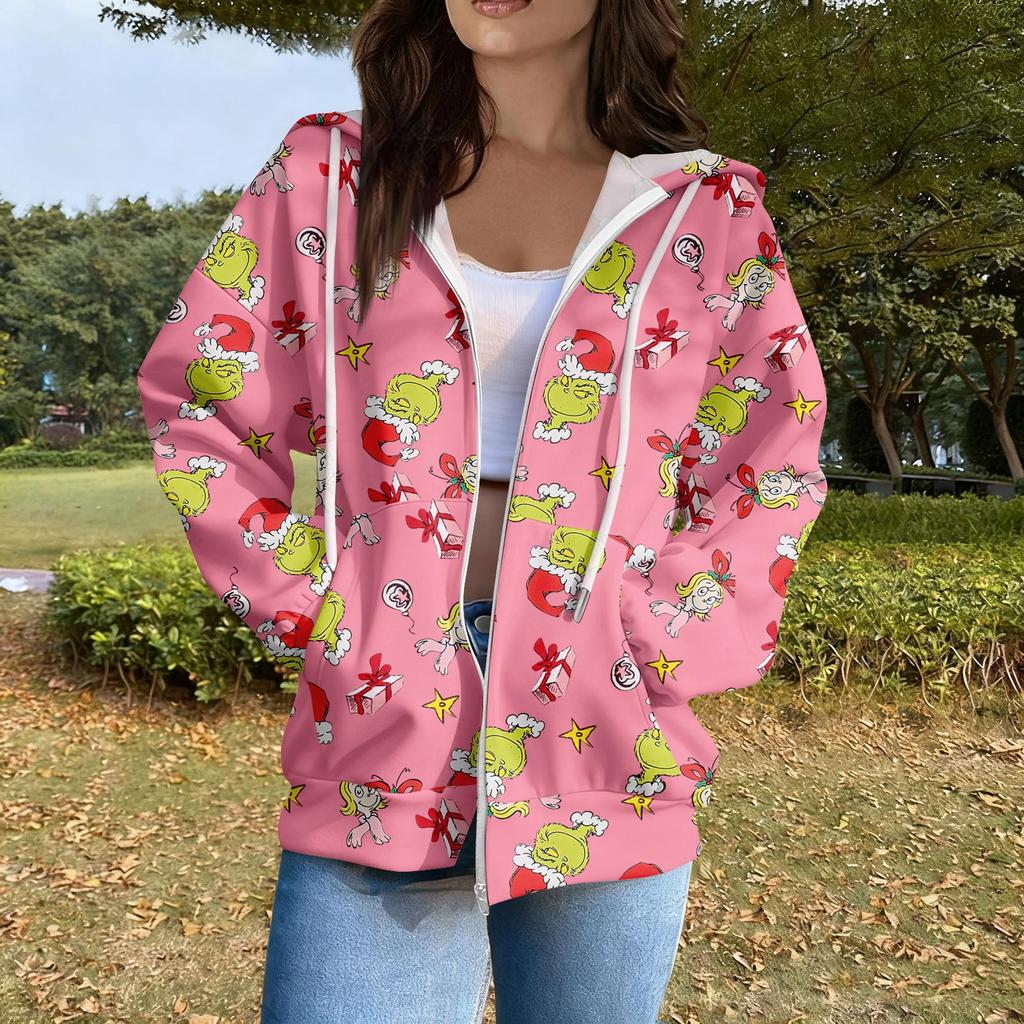 Women's Casual Fashion Long Sleeve Zipper  Printed Hooded Sweatshirt