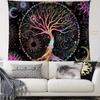 2D Regenbogen Baum des Lebens Wandteppich, Schwarzer Hintergrund Sonne Mond Stern Wandbehang, Mystische Landschaft Dekoration