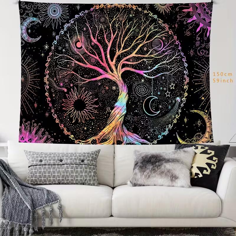 2D Regenbogen Baum des Lebens Wandteppich, Schwarzer Hintergrund Sonne Mond Stern Wandbehang, Mystische Landschaft Dekoration