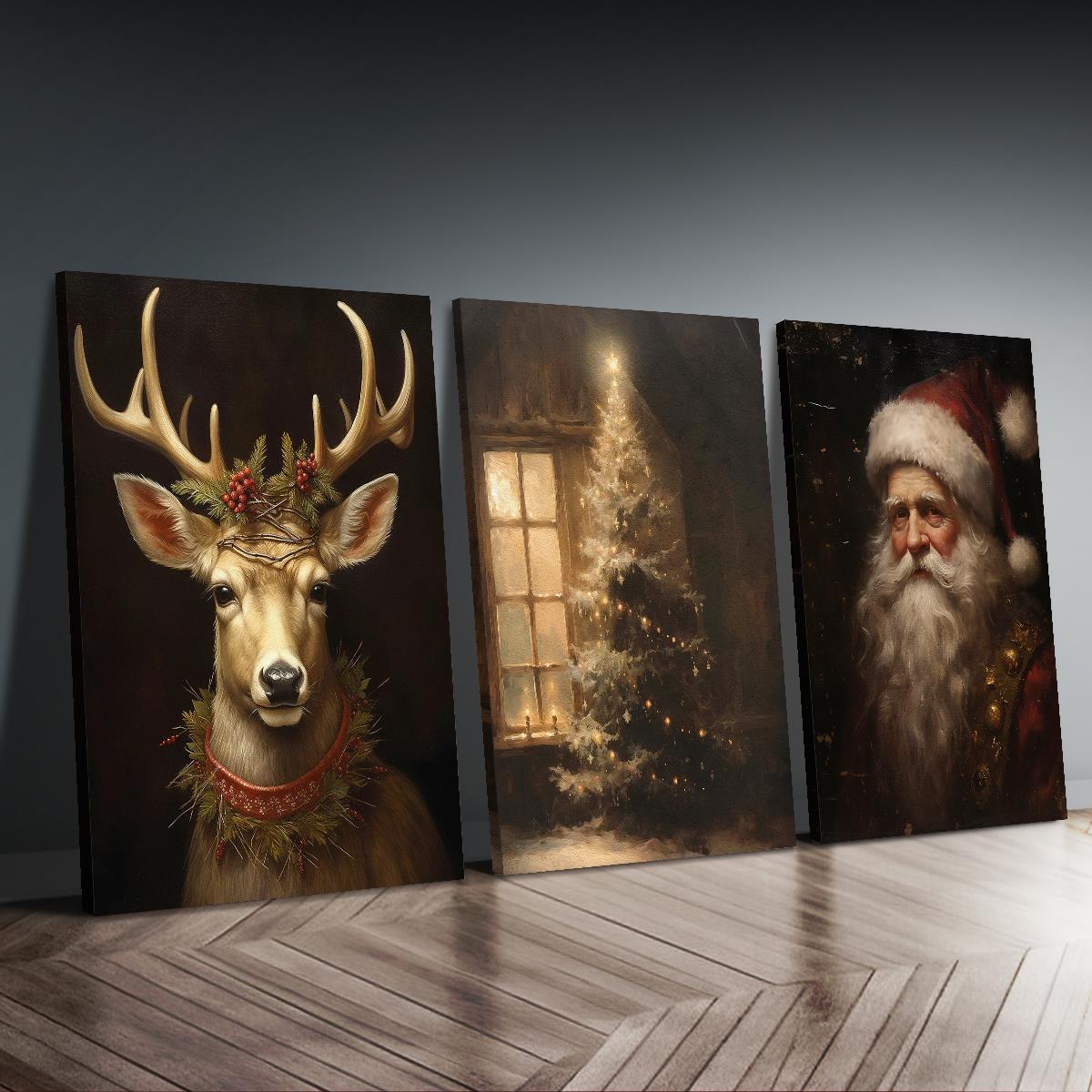 

Set of 3 rustic canvas prints, festive Christmas wall art, featuring Santa Claus, reindeer and Christmas tree, classic holiday h (as the picture,20x30cm No Frame)