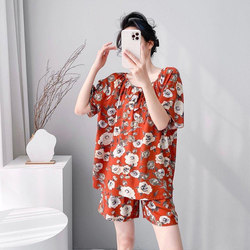 1011 New cotton and silk pajamas women's spring summer short-sleeved shorts printed suit cute fashion loungewear