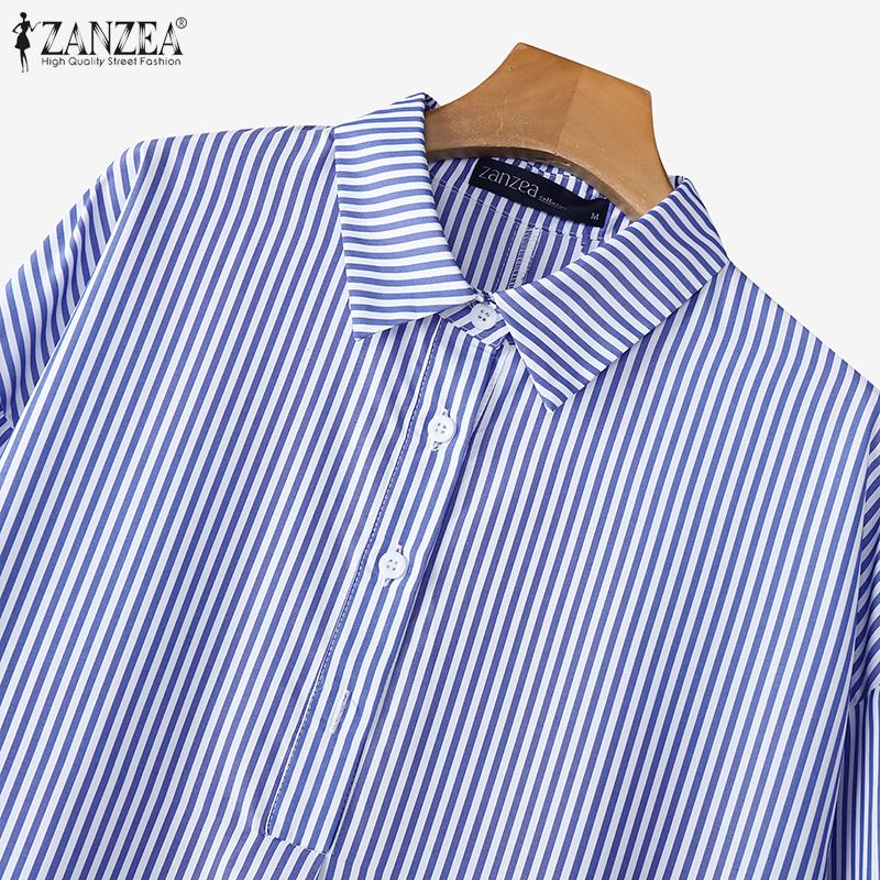 ZANZEA Womens Casual Turn Down Collar Long Sleeve Stripe Shirt Dress