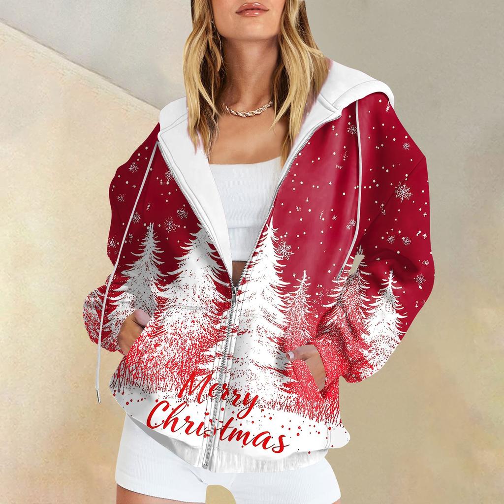 Women's Long Sleeve Christmas Print With Pockets Cardigan Zipper Hooded Sweatshirt Jacket