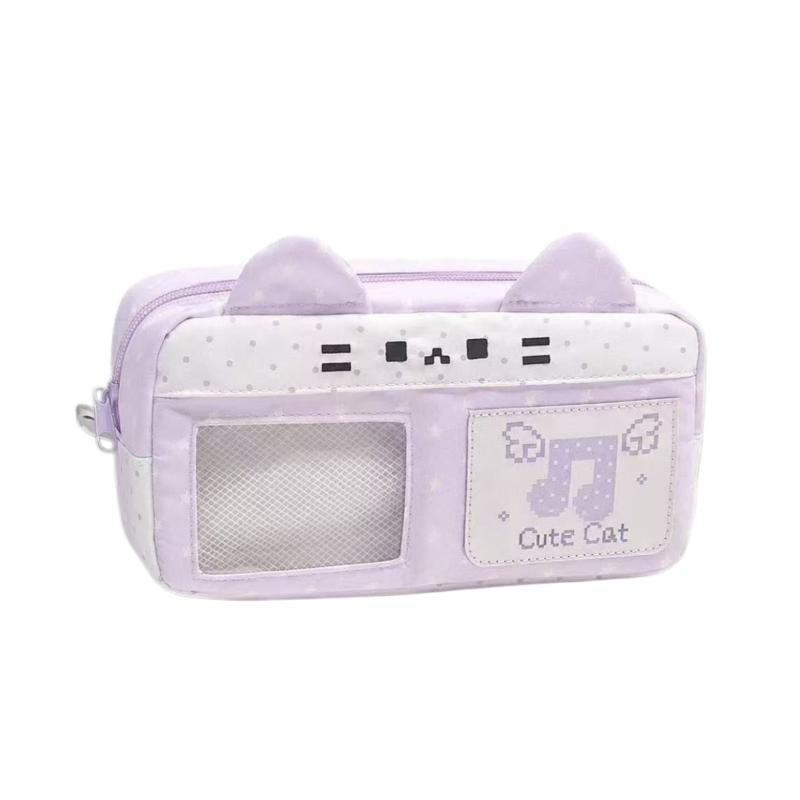 Pencil Case Adorable Cat Ear Design Large Capacity Pixel Music Themed Portable Stationery Organizer for Kids Daily Use