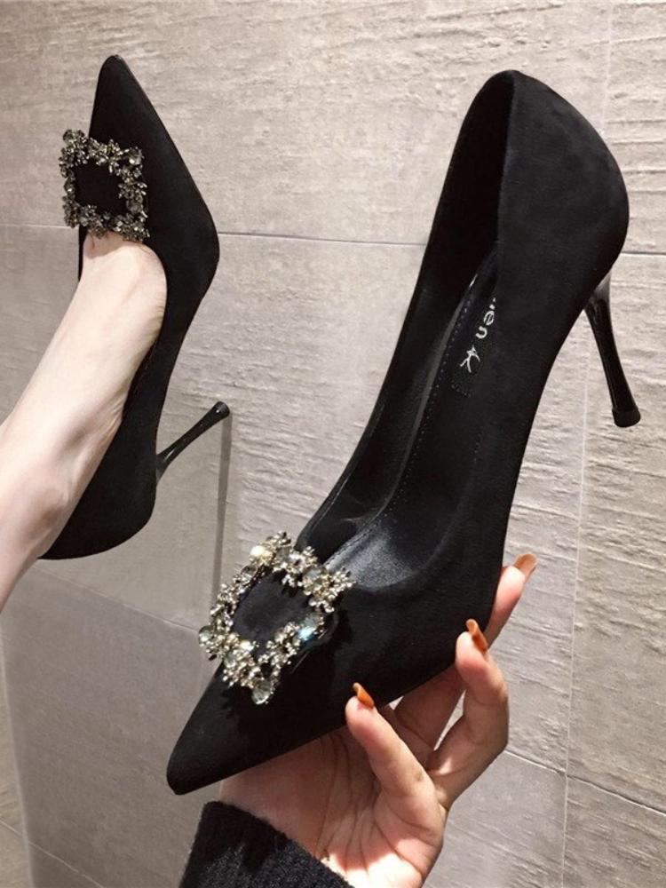 spring autumn new Versatile Pointed Thin high heels Women Mid Heeled pumps Square Buckle Elegant black high heels Shoes Womens