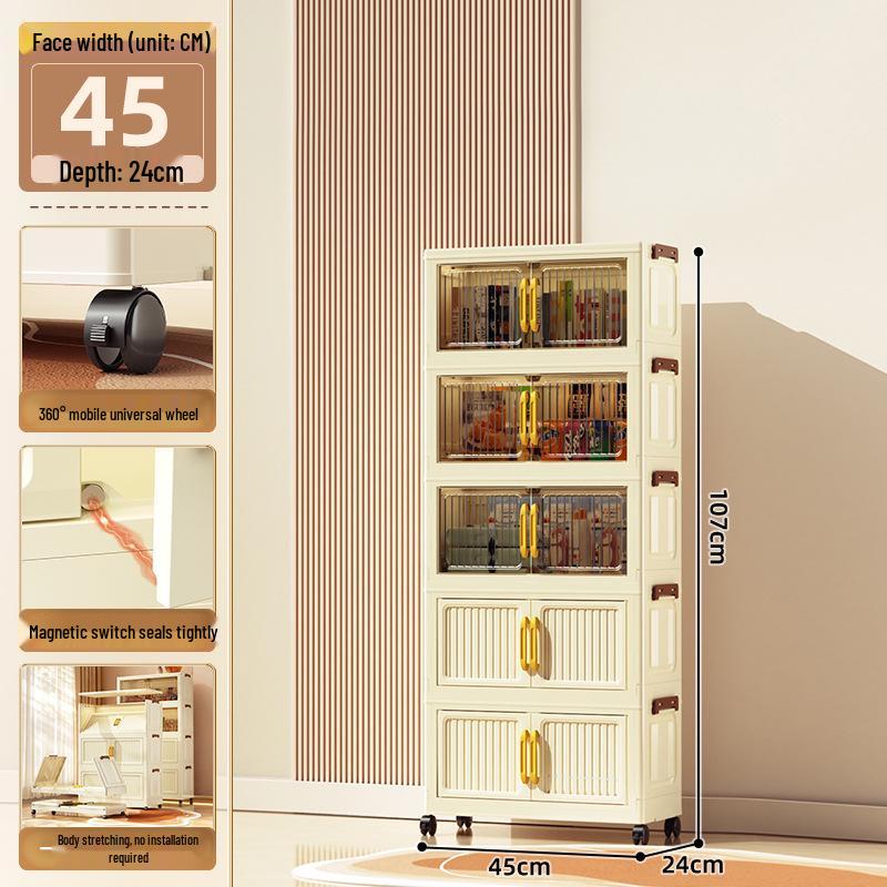 40-60cm Wide Transparent Foldable Double Door Floor Storage Cabinet with Multiple Layers