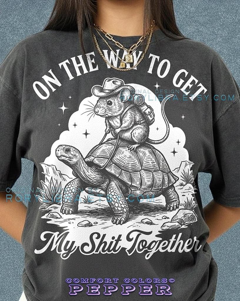 On The Way To Get My Shit Together Cowboy Mouse Riding Turtle Comfort Colors® TShirt and kids tshirt, Tortoise Funny Animal Meme Tees, Vintage Western