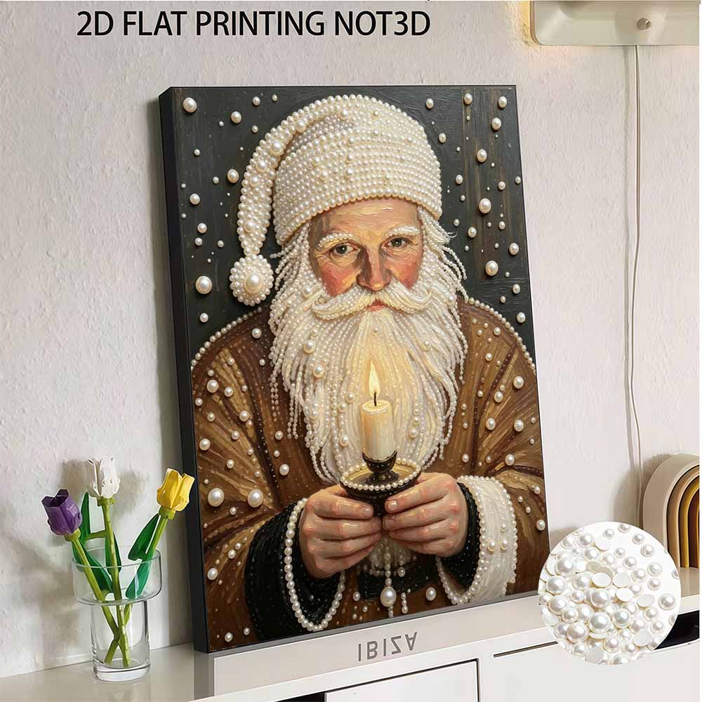 Santa Claus Holding Candle Pearl Bead Painting Kit with Frame Shiny Canvas Art Creative Craft Home Decoration Gift DIY Crafting Wall Decor
