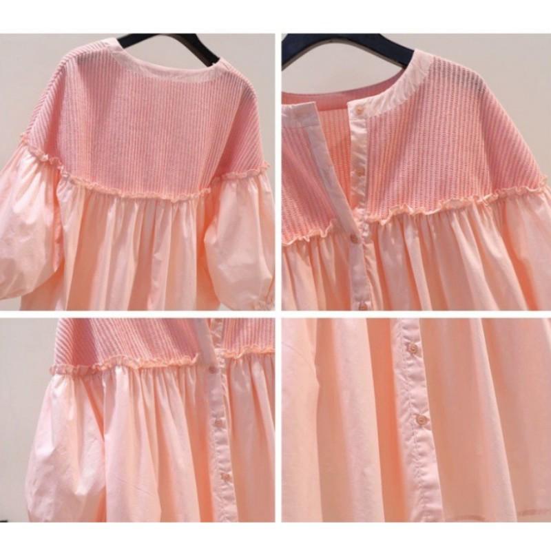 Women's Summer Loose Sweet Patchwork Shirt with Ruffled Lantern Sleeves