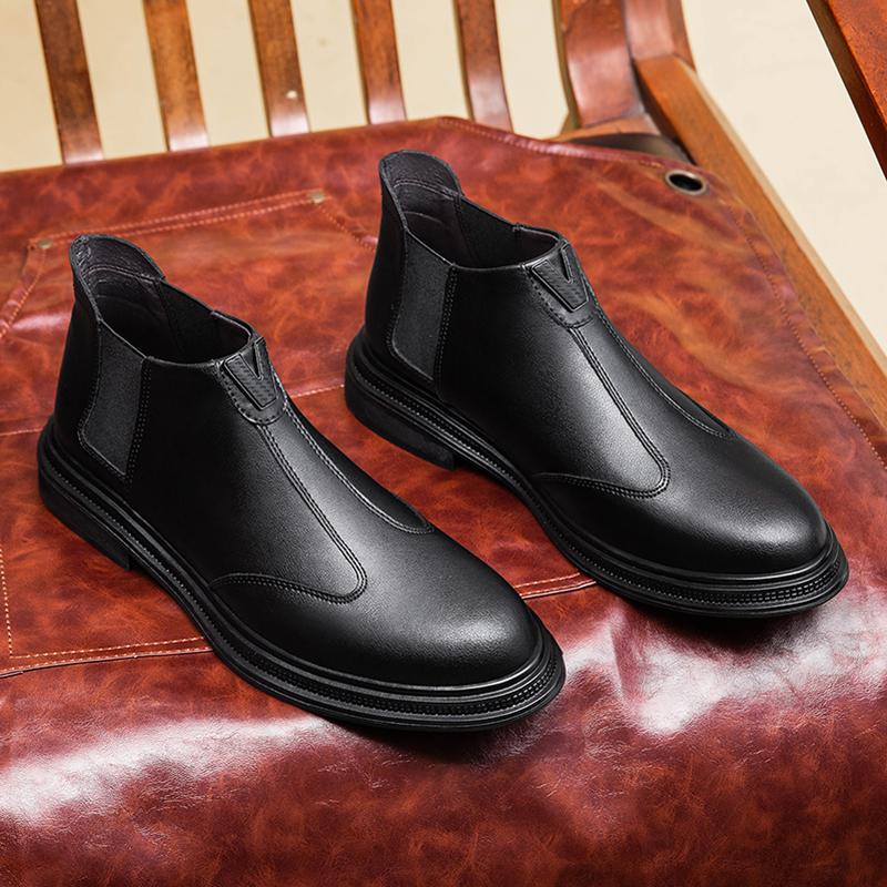 FashionGenuine Leather Men's Chelsea Boots Comfort Slip on Ankle Boots Fashion Elegantes Business Footwear Warm Plush Fur Winter Botas