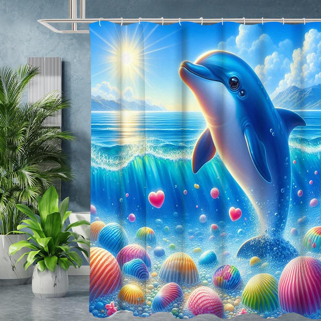 Dolphin In Wave Bathing Curtain  Bathroom Shower Curtain Waterproof With 12 Hooks Home Deco Free Ship