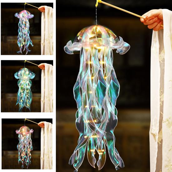Bunte Quallenlampe mit langem Spitzenband Tragbare Quallenlaterne mit Griff LED-Nachtlicht Dekoration für Schlafzimmer Veranda Hochzeit