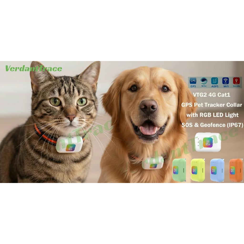 VerdantTrace 4G GPS Pet Tracker Waterproof Dog Cat Anti-Lost Locator Collar Find Device Light Sound Search No Subscription VTG2