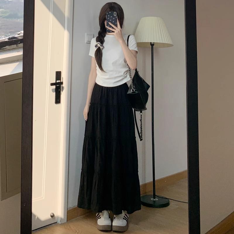 White cake skirt women's spring and autumn new Korean gentle wind high waist thin versatile skirt elastic waist medium and long skirt