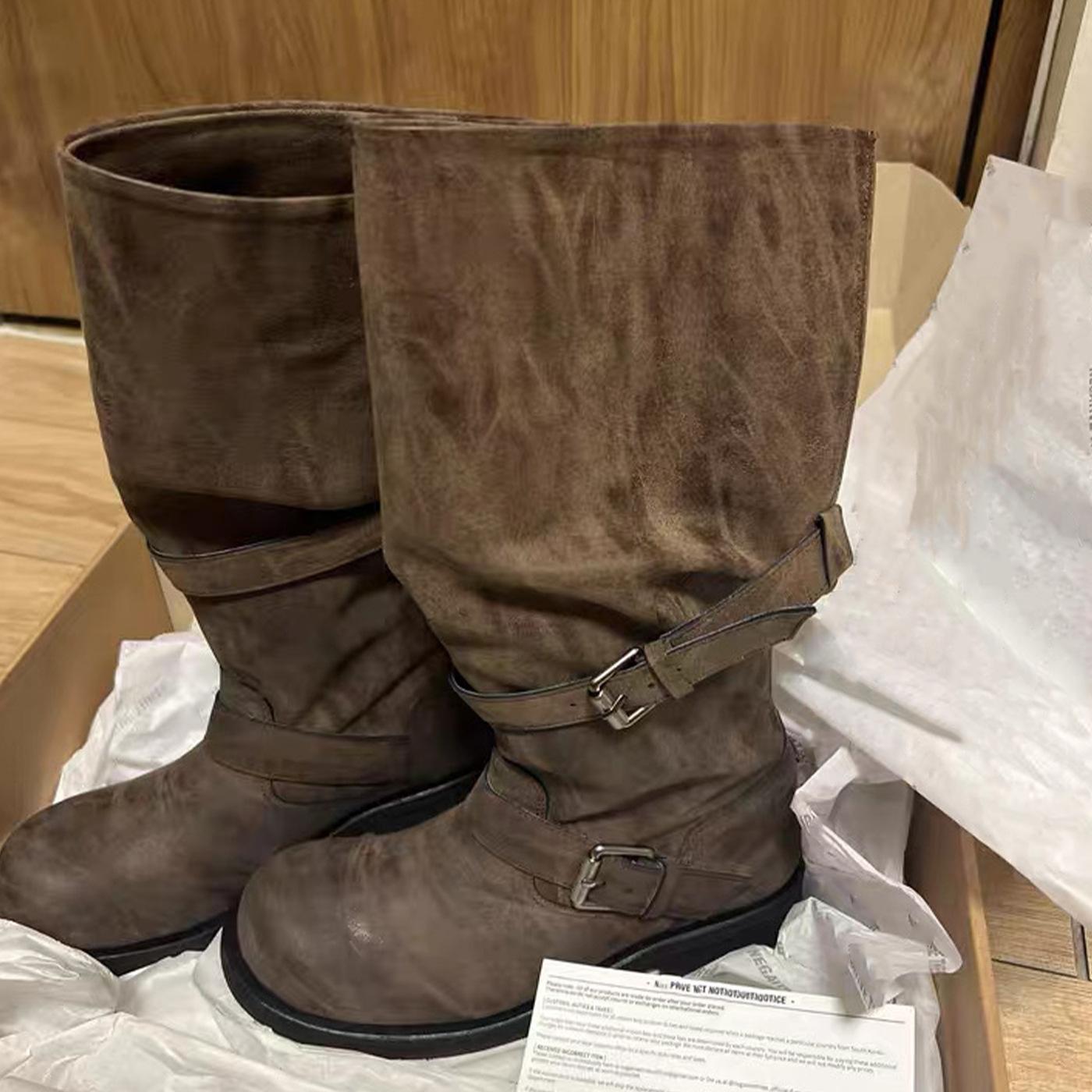 

Cowhide version~ Loose retro belt buckle stacking boots for women wear pleated high knight boots thick heel boots 40 темно-коричневого