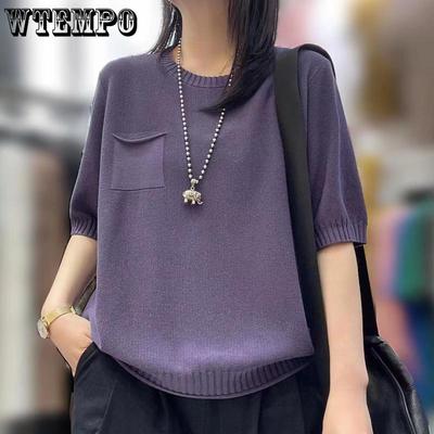 Summer New Large Round Neck Pullover Short Sleeve Knitted Shirt Loose Casual T-shirt Thin Middle Aged Mom's Wear