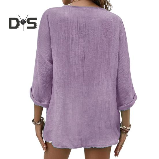 Damen Frühlingshemd V-Ausschnitt Knöpfe Einreihig Langarm Einfarbig Weich Atmungsaktiv Dame Vintage Lose Mittellanges Oberteil