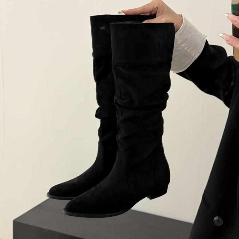 Vintage Pleated Women Western Cowboy Boots Fashion Low Heels Pointed Toe Shoes Autumn Winter Slim Long Botas Para Mujer