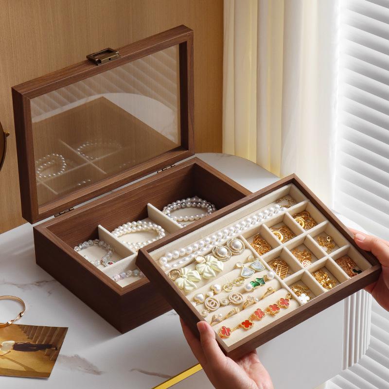 Retro Walnut Jewelry Display Box with Clear Lid Dustproof Storage Necklaces Earrings Bracelets Ring Wooden Jewelry Organizer Box