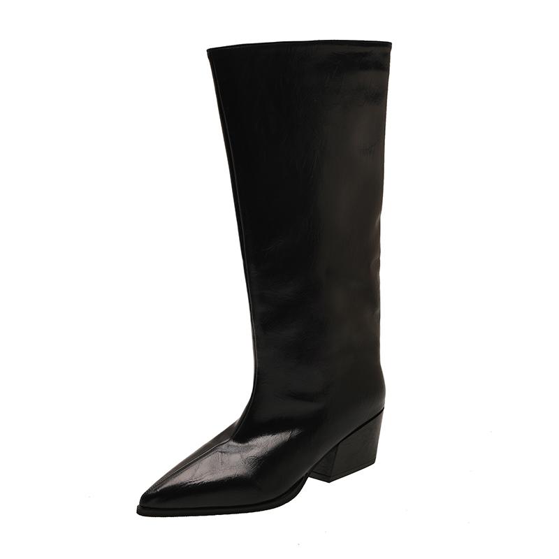 Fashion New Women's Leather Kitten Heel Square Toe Slip-on Autumn Knee High Boots Casual Female Long Boots Shoes Knee-High Boots