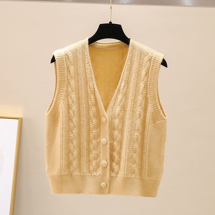 Dámský propínací svetr Vlněný pletený kardigan Vesta Volný copánkový vzor Preppy styl Vesta Bez rukávů Svrchní oděv
