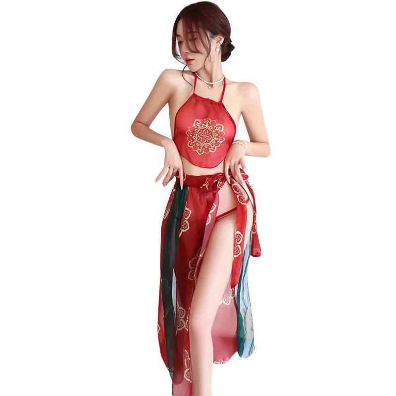 Red Chinese Hanfu Cosplay Costumes Sexy Lingerie Women Ancient Classic Bride Wedding Outfits Cute Anime See Through Erotic Set
