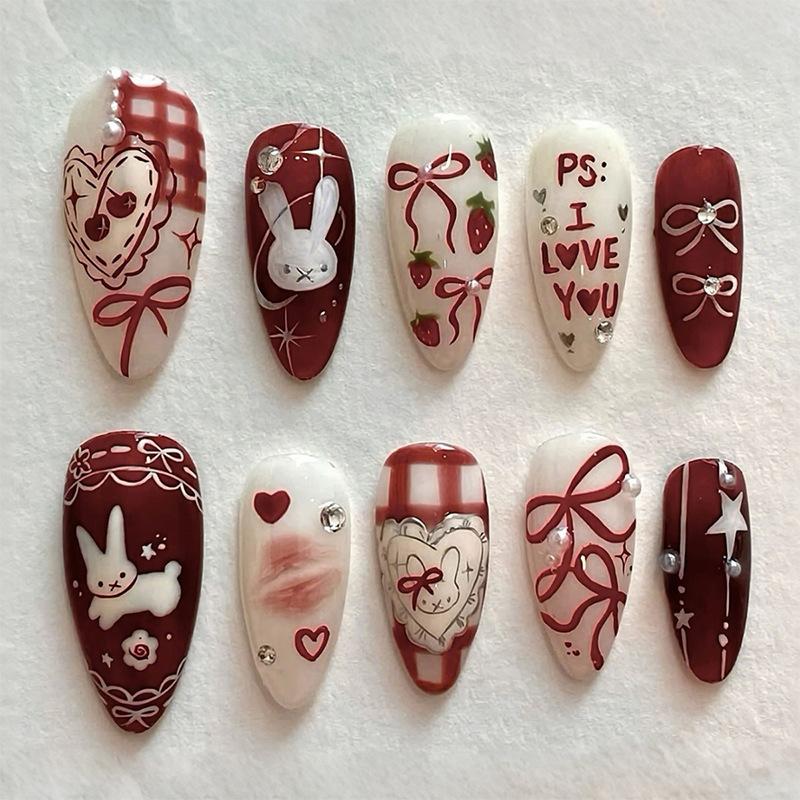 24PCS Wine Red Almond Press on Nails Cartoon Rabbit Bowknot with Plaid Pearl Designs French Fake Nails for Girls Detachable Nail