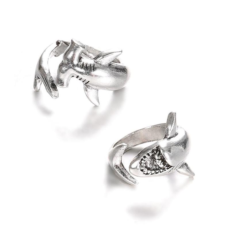 

2pcs/set Vintage Shark Adjustable Finger Rings Set Simple Animal Retro gothic Great White Shark Opening Jewelry Accessories resizable