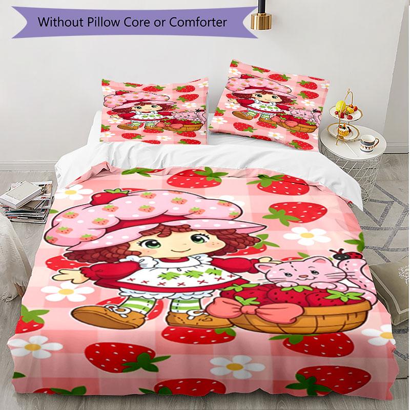 3pcs Duvet Cover Set (1*Duvet Cover + 2*Pillowcase, Without Core), Strawberry Shortcake Print Soft All‑Season Bedding Set, Home Bedroom Decor Gift