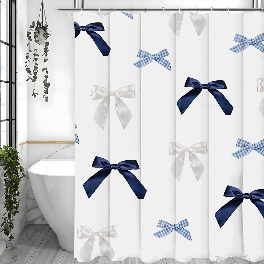 Bowtie Blue White Blue and White Checkered Shower Curtain, Bathroom Decorative Shower Curtain, Waterproof Shower Curtain with Ho W90xH180cm