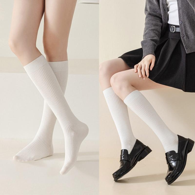 5 Pairs Women Rib Knitted Cotton Over The Calf Socks with Thick Double Stitching Classical Solid Color Knee Length Socks