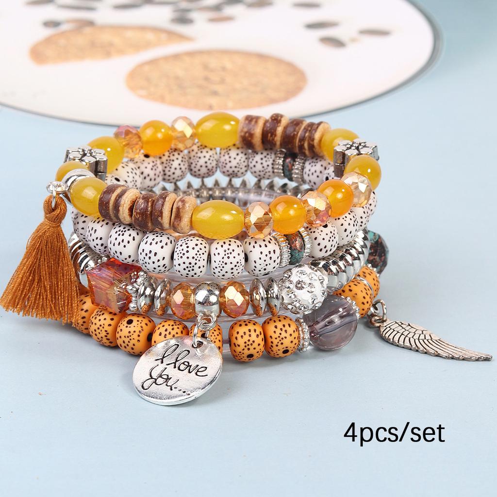 Bohemian Beaded Bracelet Set, Women's Stackable Stretch Bracelets with Tassel & Wing Charm