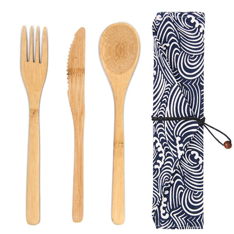 3Pcs/set Wooden Dinnerware Set Bamboo Fork Knife Soup Teaspoon Catering Cutlery Set With Cloth Bag Kitchen Cooking Tools Utensil